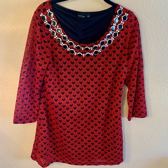 Tunic Top Large La Vanya Embroidered Lace Red Black Beaded Embellishments Classy - Picture 13 of 16